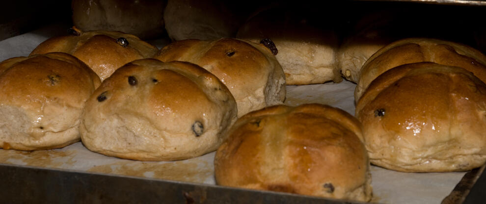 Hot cross buns fresh from the Redbournbury Mill bakery