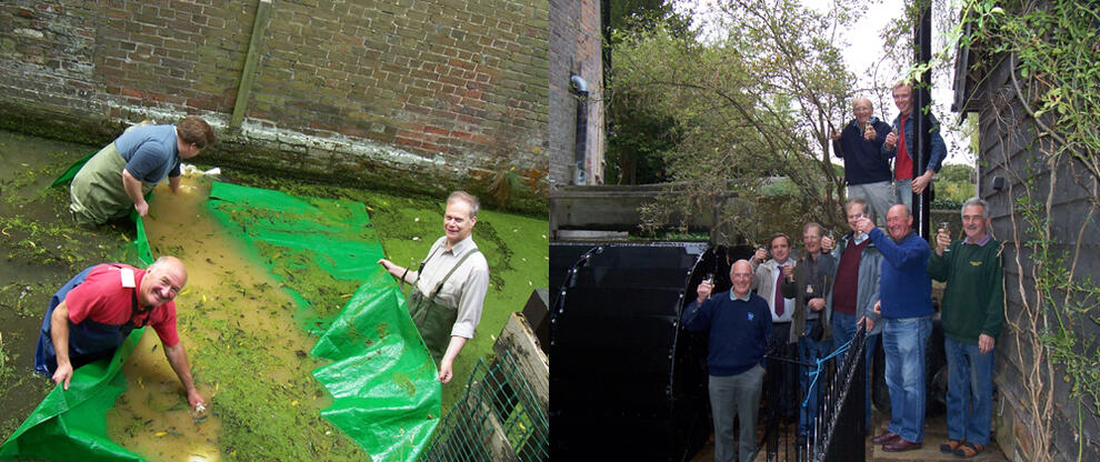 Volunteers at Redbournbury Mill building a dam and celebrating the completion of the waterwheel restoration