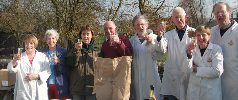 Volunteers at Redbournbury Mill celebrating the 500th batch of flour
