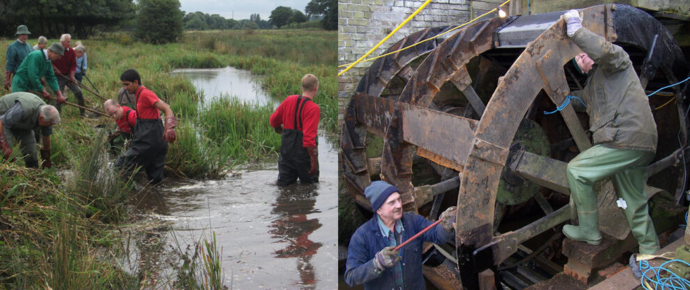 Volunteers at Redbournbury Mill clearing the river and restoring the waterwheel