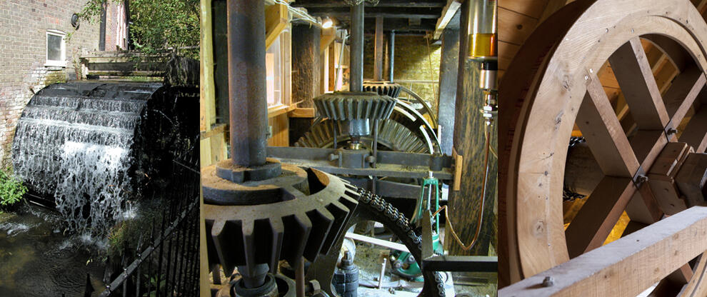 Waterwheel, horizontal layshaft and sack hoist at Redbournbury Mill